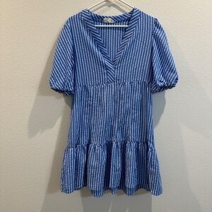 Blue Striped Dress with Puff Sleeves